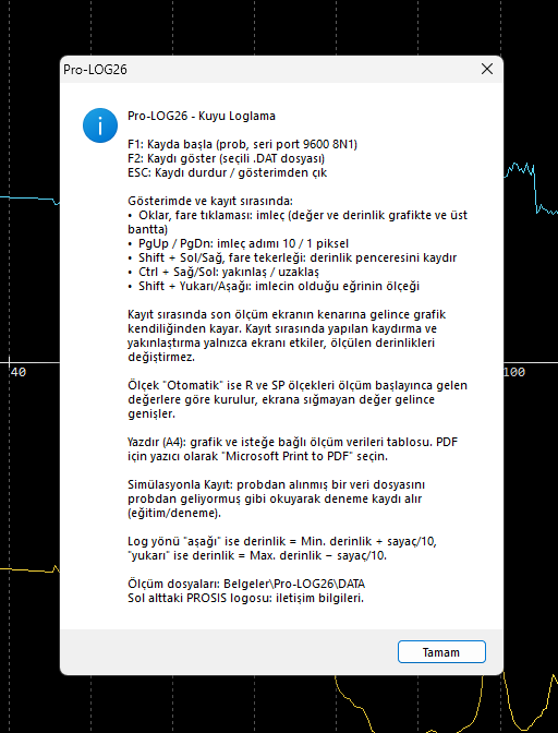 Pro-LOG26 yardım ve tuşlar penceresi